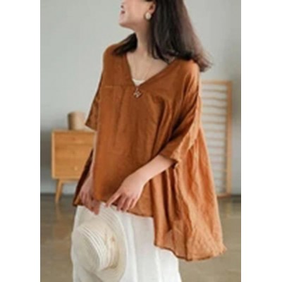 Women Orange Ramie Lace-up Pure Color Irregular Casual T-shirt