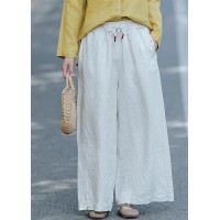 Women's literature white loose straight elastic waist lace up wide leg pants