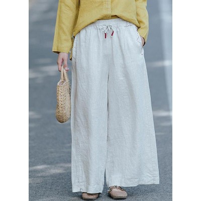 Women's literature white loose straight elastic waist lace up wide leg pants