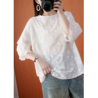 Plus Size White Jacquard Half Sleeve Cotton Blouse Top Summer
