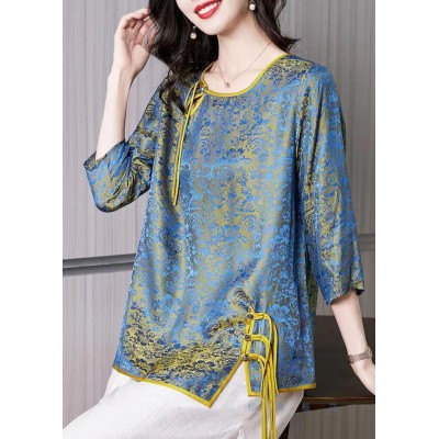 French Blue O-Neck Asymmetrical Jacquard Silk Top Half Sleeve