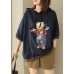 Navy Loose Hooded Print Fall Sweatshirt Street Wear