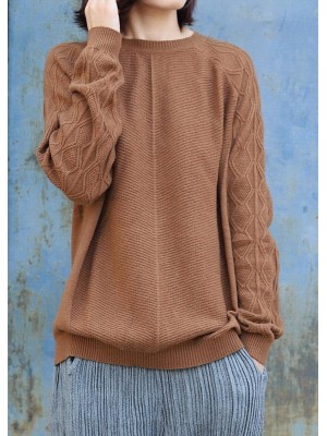 Vintage o neck cable khaki knit sweat tops plus size side open Sweater Blouse