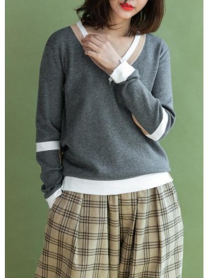 Pullover v neck gray knit tops plus size patchwork knitted clothes