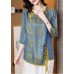 French Blue O-Neck Asymmetrical Jacquard Silk Top Half Sleeve