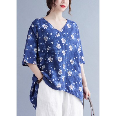 French Blue V Neck Print asymmetrical design Fall Half Sleeve Shirt Top