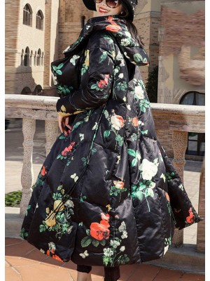 Fashion Elegant Print Oriental Winter Long Puffer Jackets Duck Down Coat