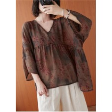 Natural floral clothes For Women v neck asymmetric summer blouses