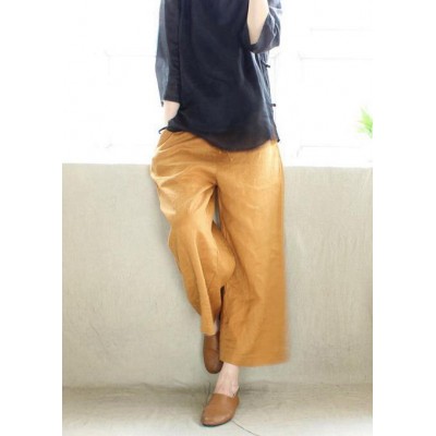 French Spring Women Pants Plus Size Yellow Design Elastic Waist Pockets Wild Pants