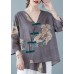 Style Grey V Neck Print Blouses Half Sleeve