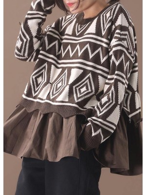 Comfy brown Sweater Blouse patchwork casual Geometry knit tops