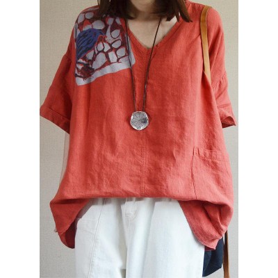 Bohemian Red V Neck Loose Pockets Fall Shirt Tops Half Sleeve