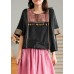 Black Vintage Embroidered Linen Women T-shirt