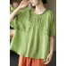 Women Green Floral Draped Ramie O-neck Embroidered Split T-shirt