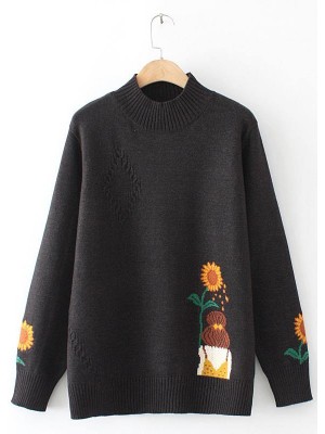 Women Black Sunflower Knitted Top High Neck Trendy Plus Size Sweaters