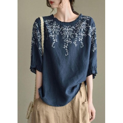 Handmade Navy lantern Sleeve Ruffled Summer Cotton Linen Shirt Tops